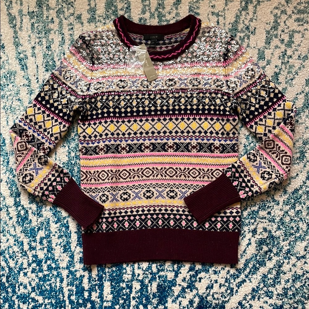 NWT J Crew 100% wool Fair Isle Sequined Sweater - Picture 3 of 9